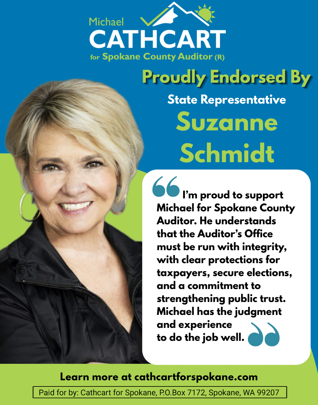 Suzanne Schmidt endorsement of Michael Cathcart for Spokane County Auditor